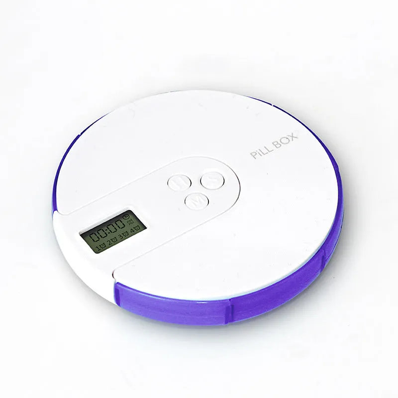 Seven-compartment electronic pill organiser with digital display, shown in blue, measuring 11cm square.