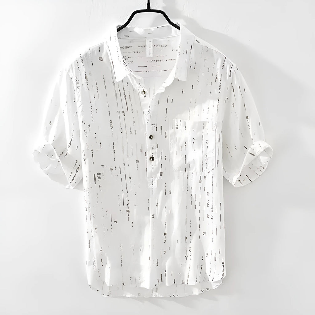 Men's loose fit black lapel polo shirt on a hanger, short sleeves, casual style.