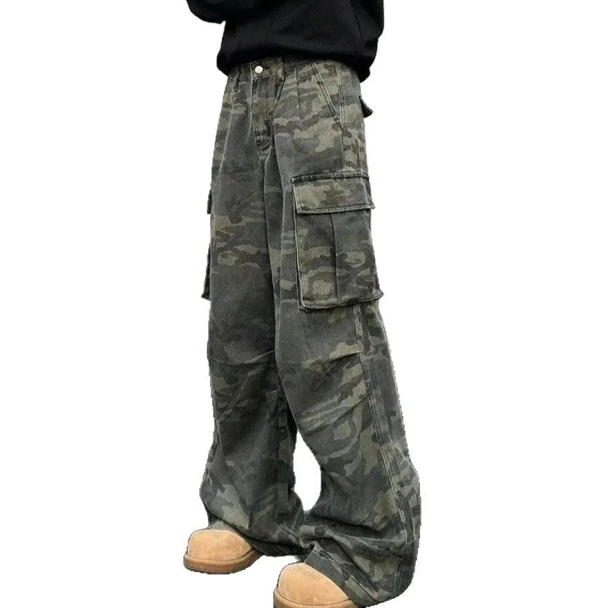 Men's loose-fit camouflage cargo pants with multiple pockets on a washed vintage-style fabric.