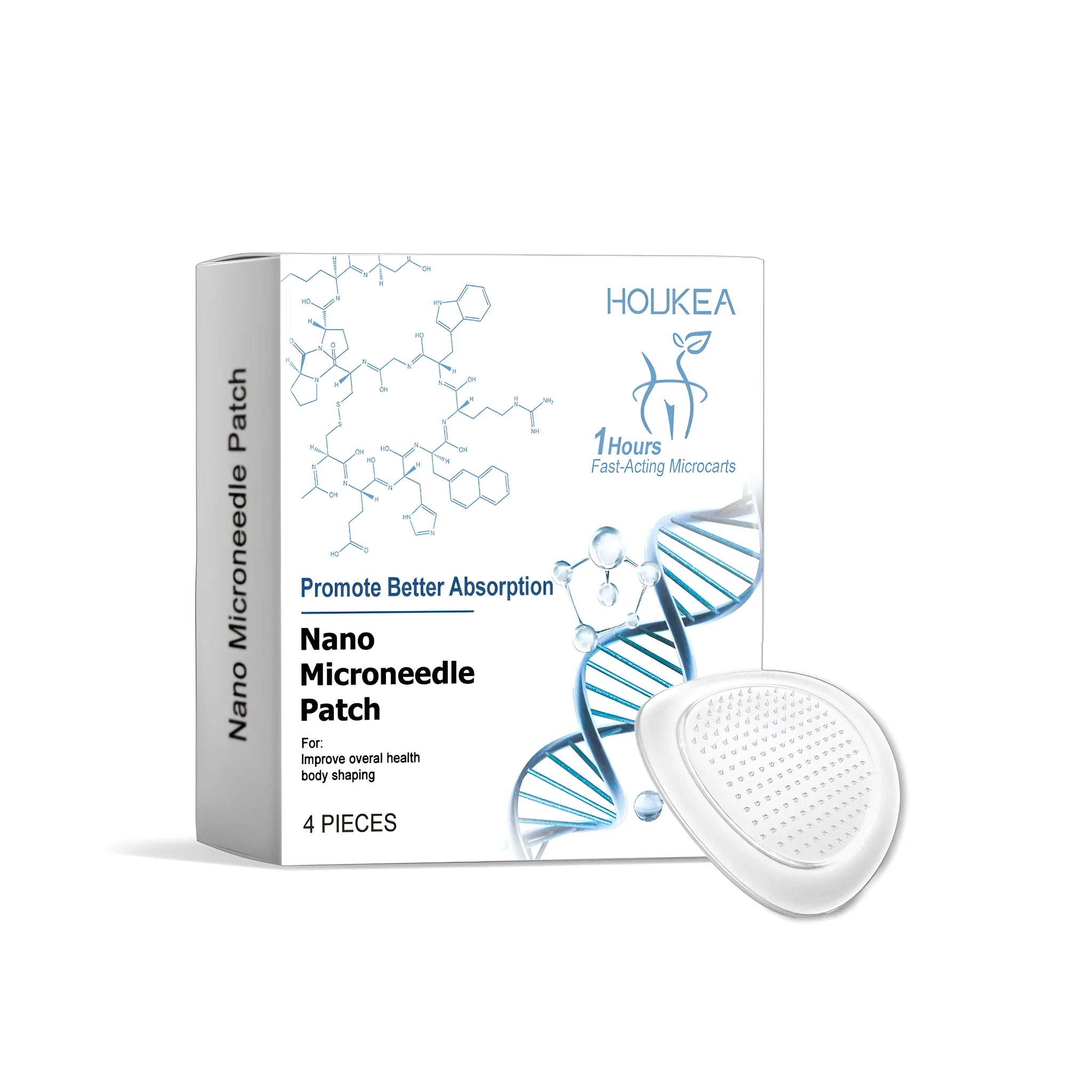 Pack of four white nano microneedle skincare patches on a blue background.