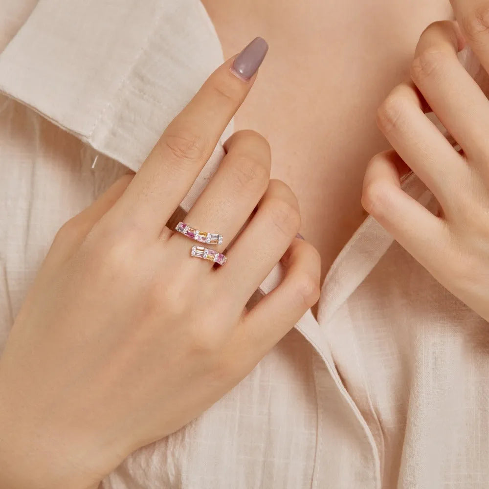 Women's S925 sterling silver adjustable open ring in platinum colour with geometric zirconium inlay