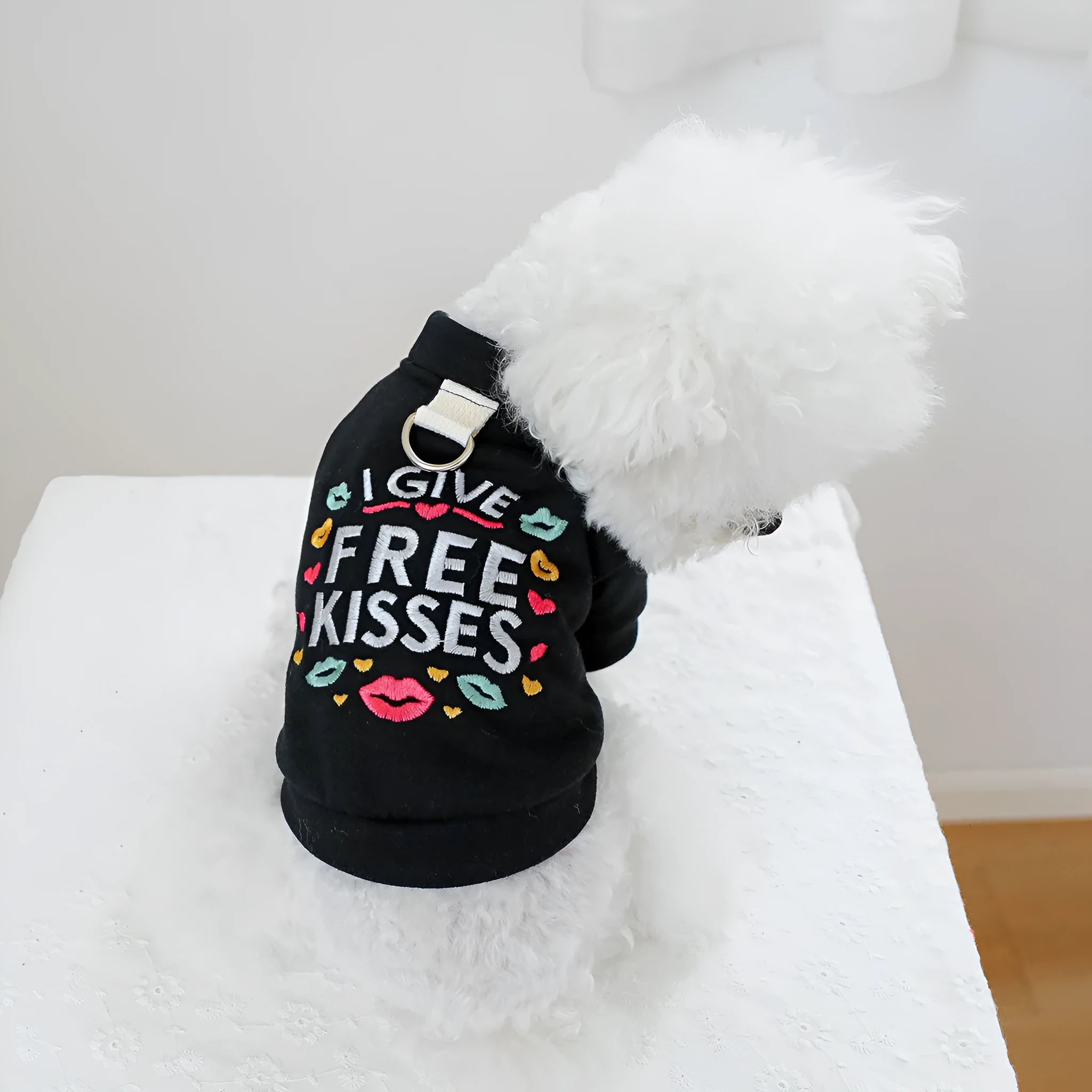 Casual knitwear dog jumper in kiss sweater pattern for winter, shown with size chart for XS to XL