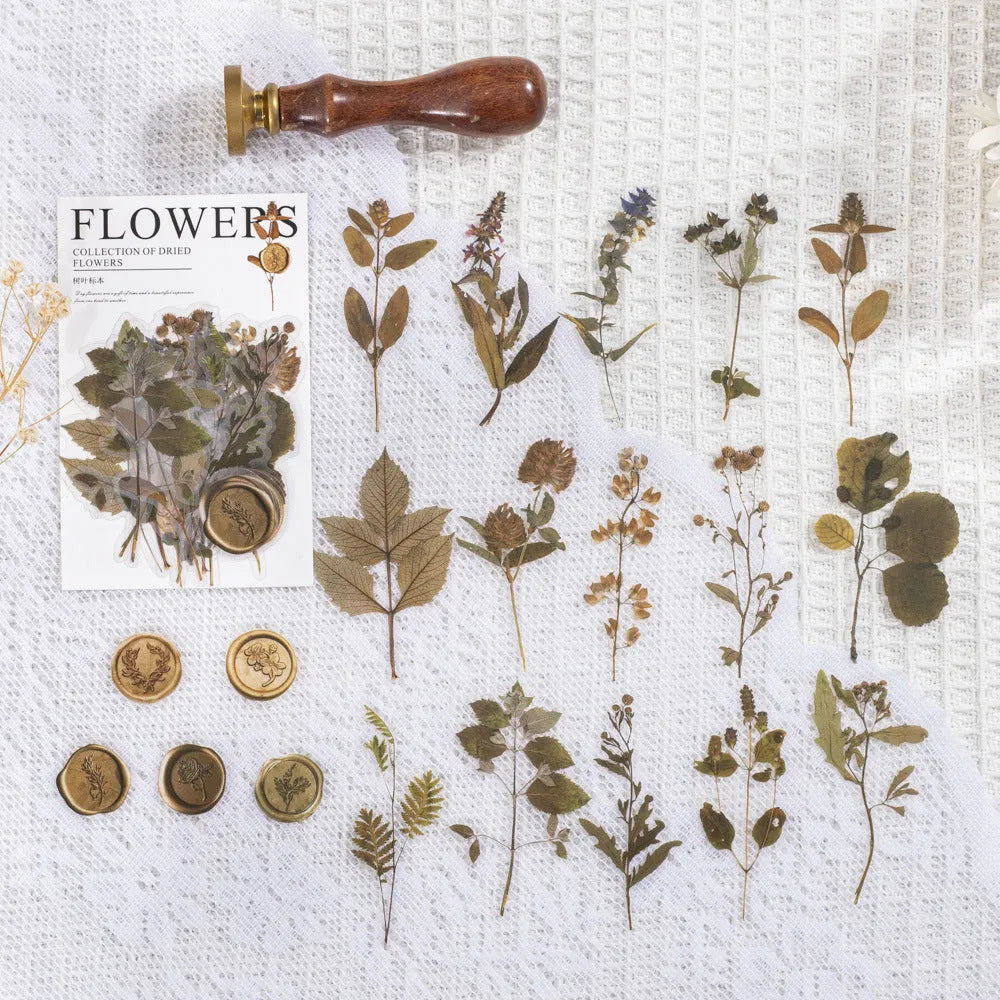 Set of 40 printed PET decorative stickers showing eight artistic styles including dried flowers and leaf specimens.