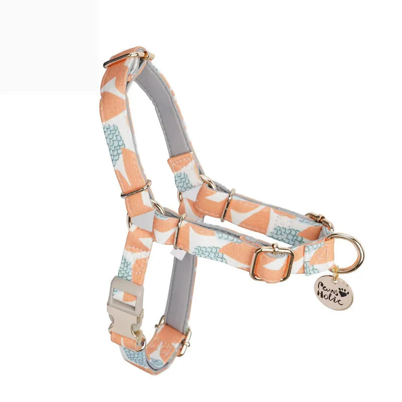 Polyester dog chest strap harness in Early Snow colour with hand-holding rope, side view on floor