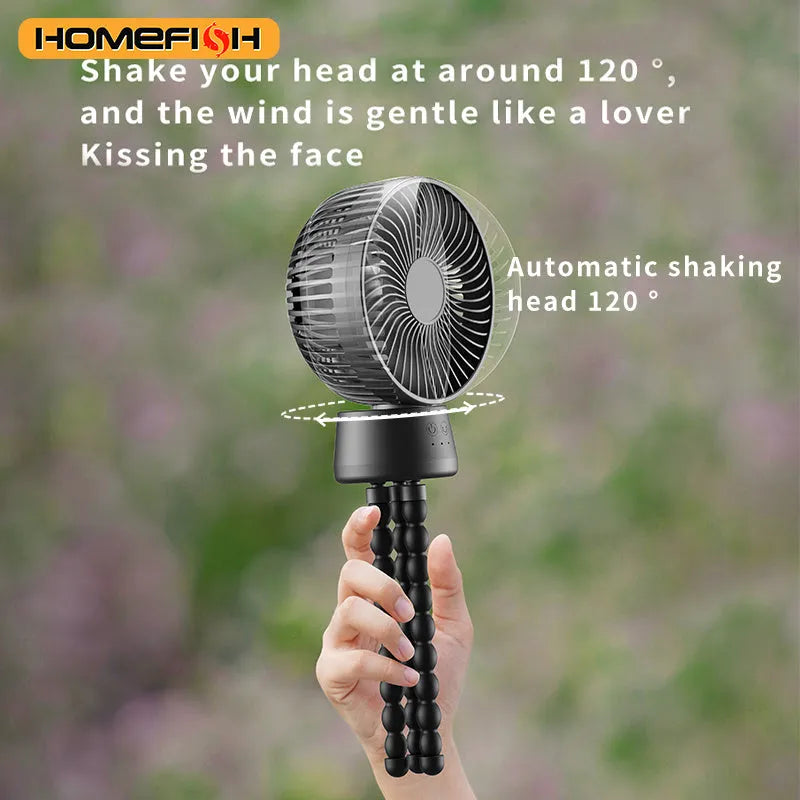HOMEFISH F2 automatic shaking head portable fan with LED light on a removable bracket.