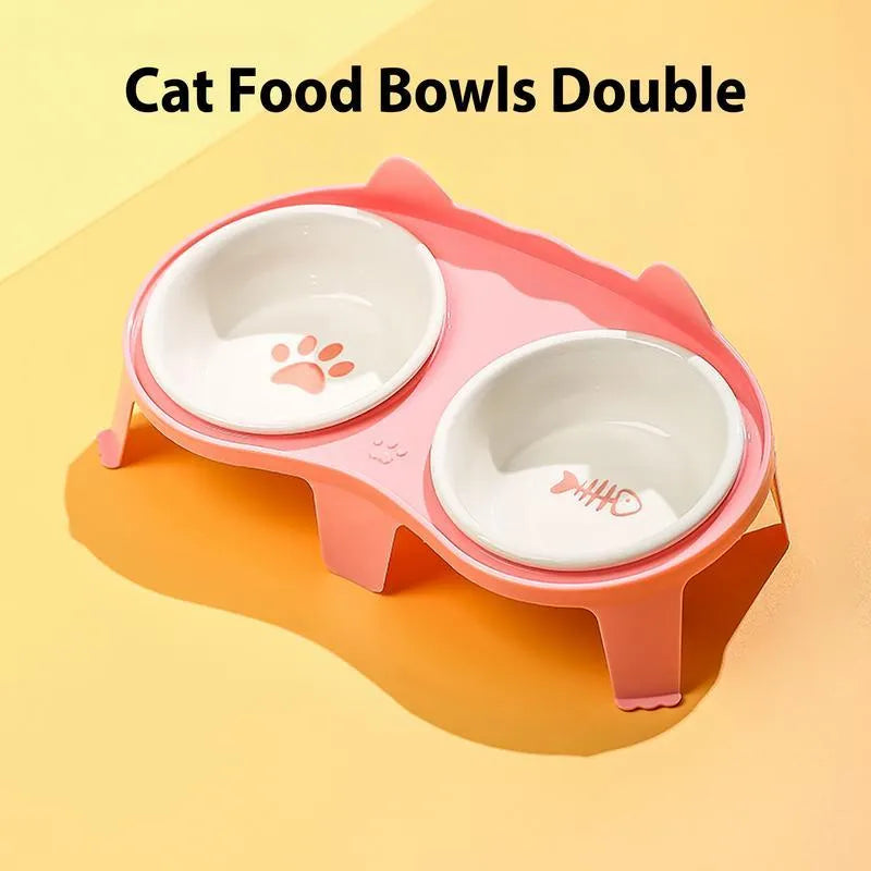 Blue ceramic cat food and water bowl set on a white elevated plastic stand with hook design.