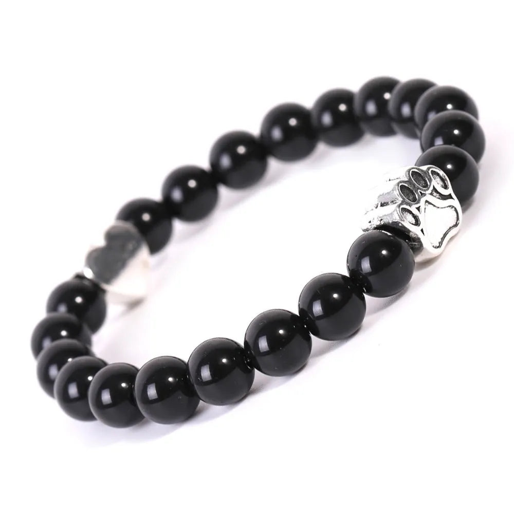 Tigereye Indian Agate stone bracelet shaped like a dog's paw with an engraved love heart.