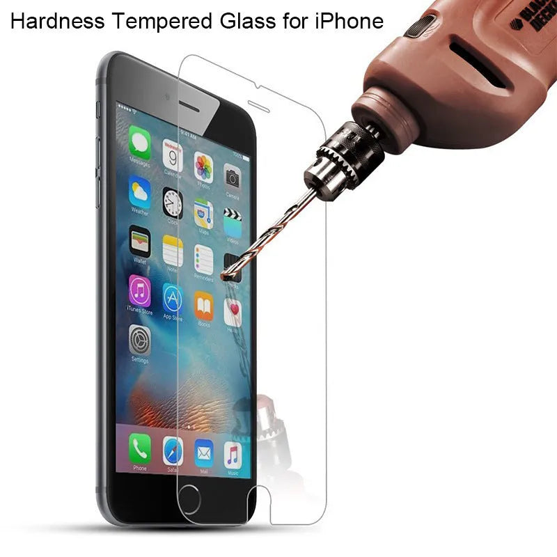 Tempered glass screen protector for iPhone models, shown in transparent colour with fine hole design.