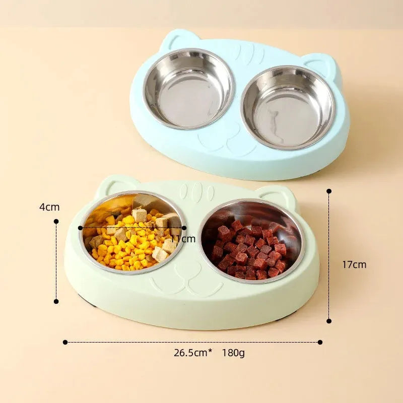 Blue macaron-shaped plastic pet feeder with two bowls and adjustable height legs