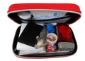 Red square plastic emergency survival medical kit box 21x13x6cm with 18 first aid pieces including scissors, bandage, plasters, and flashlight