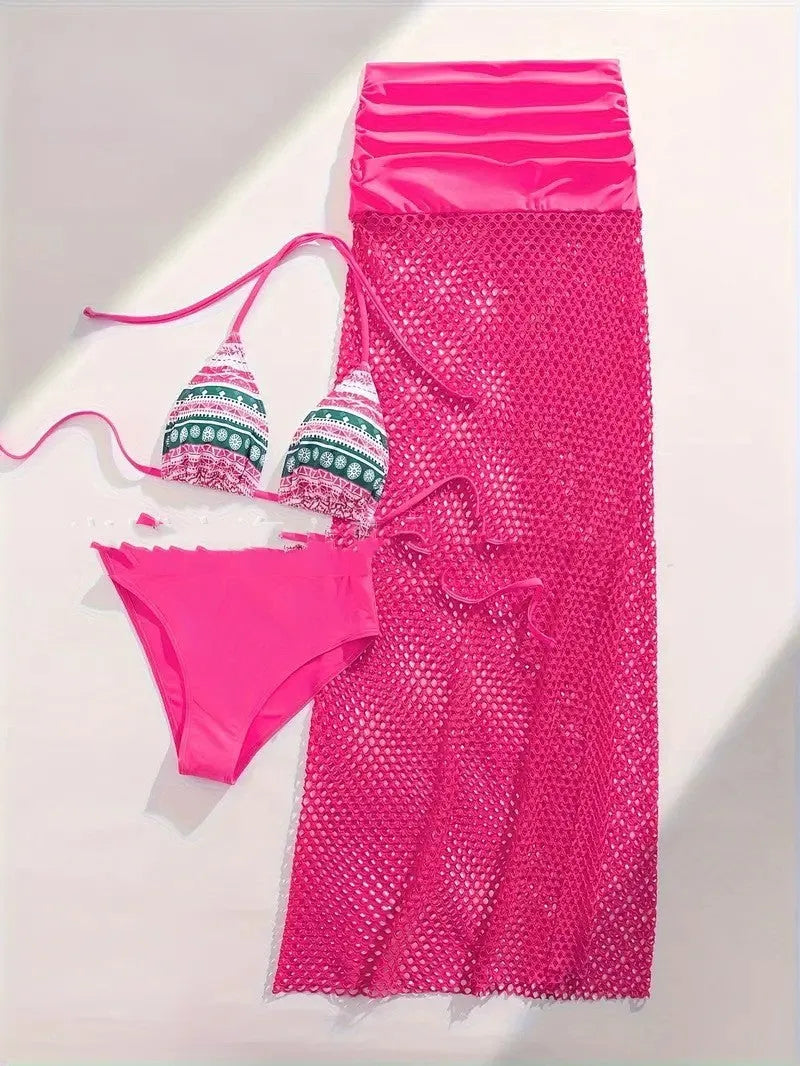 Women's brown, rose pink, and black three-piece bikini set with a long fishnet skirt.