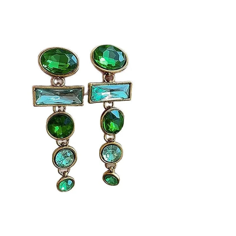 Green gradient tassel dangle earrings with geometric metal frame and sparkling zircon stones.