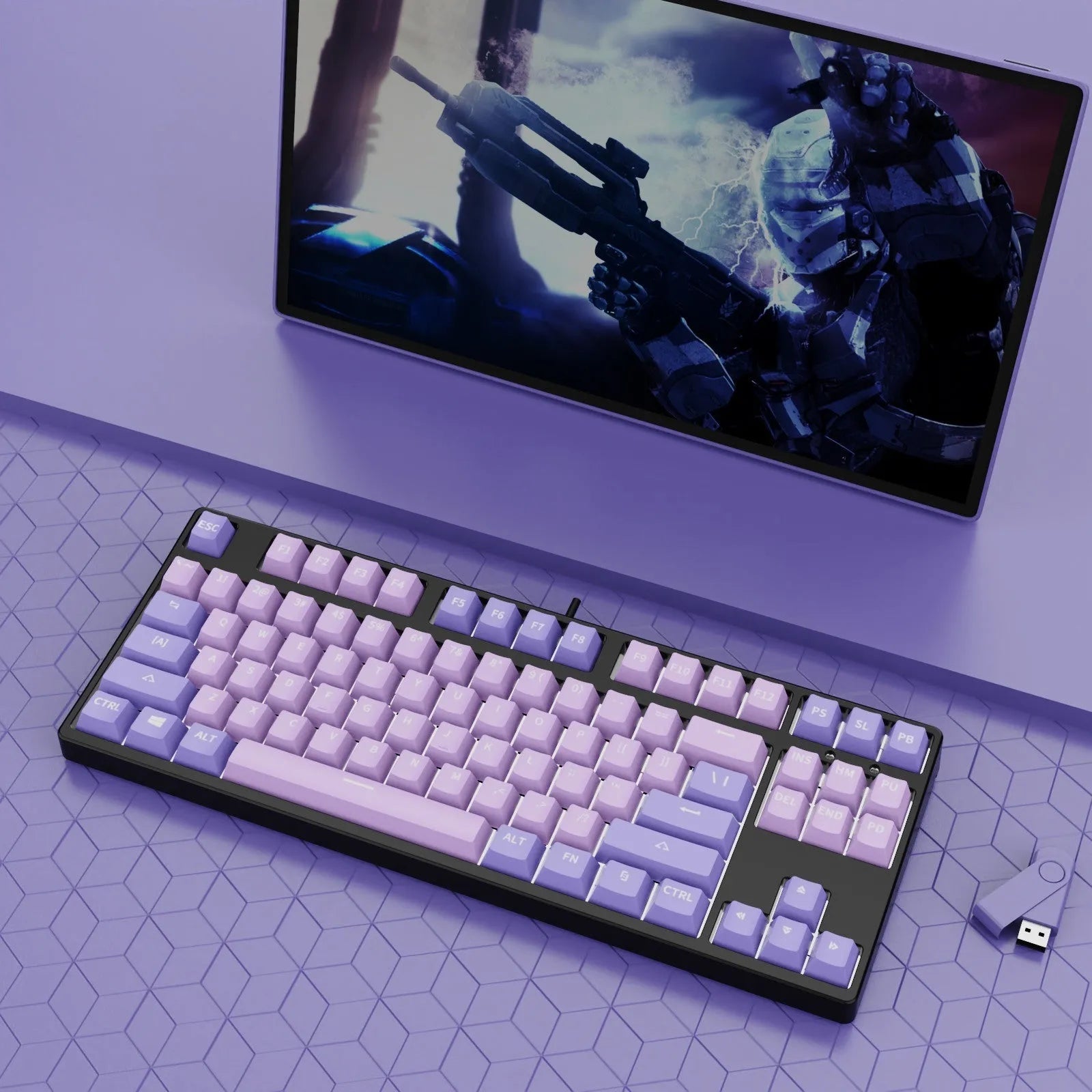 87-key wired mechanical keyboard with two-tone keycaps, shown with switch puller and cleaning brush