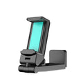 A foldable black phone holder with a rotating head, shown holding a smartphone.
