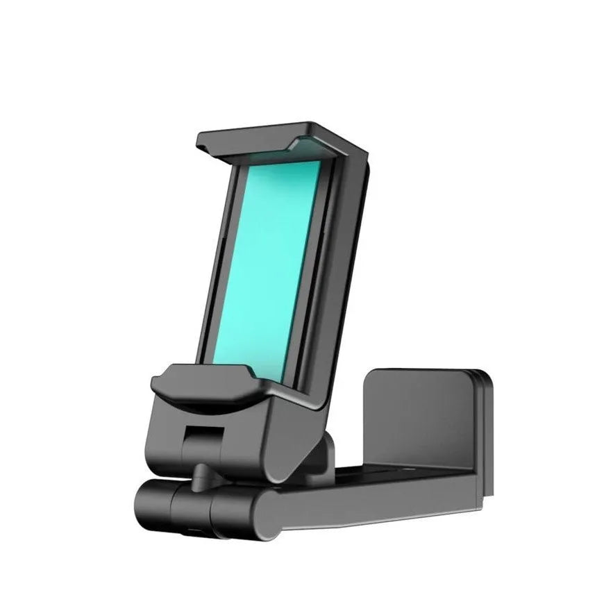 A foldable black phone holder with a rotating head, shown holding a smartphone.