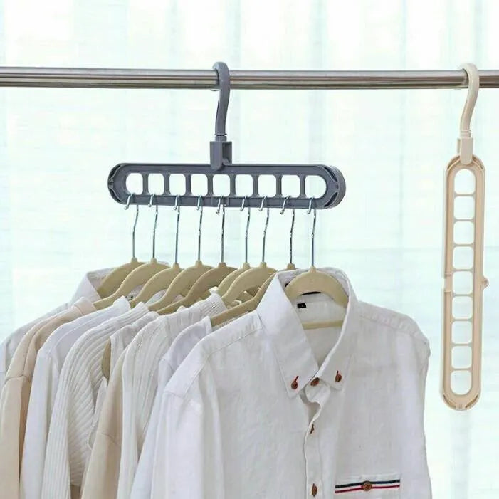 Plastic clothes hanger organiser with rotating hook in various colour options on white background