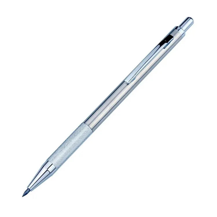 Metal automatic mechanical pencil showing lead size options from 0.3mm to 3.0mm for writing and drafting