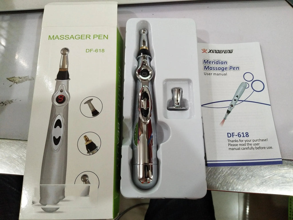 Electric massage pen with three interchangeable therapy heads for pain relief, 200x30mm size, AA battery powered