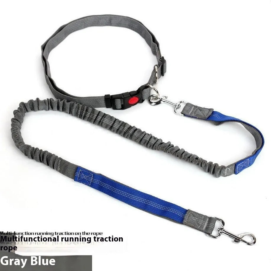 Outdoor running dog leash with night reflective filament sling and elastic adjustment in nylon construction