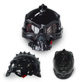 Double-sided changeable skull motorcycle helmet showing front and rear artwork designs