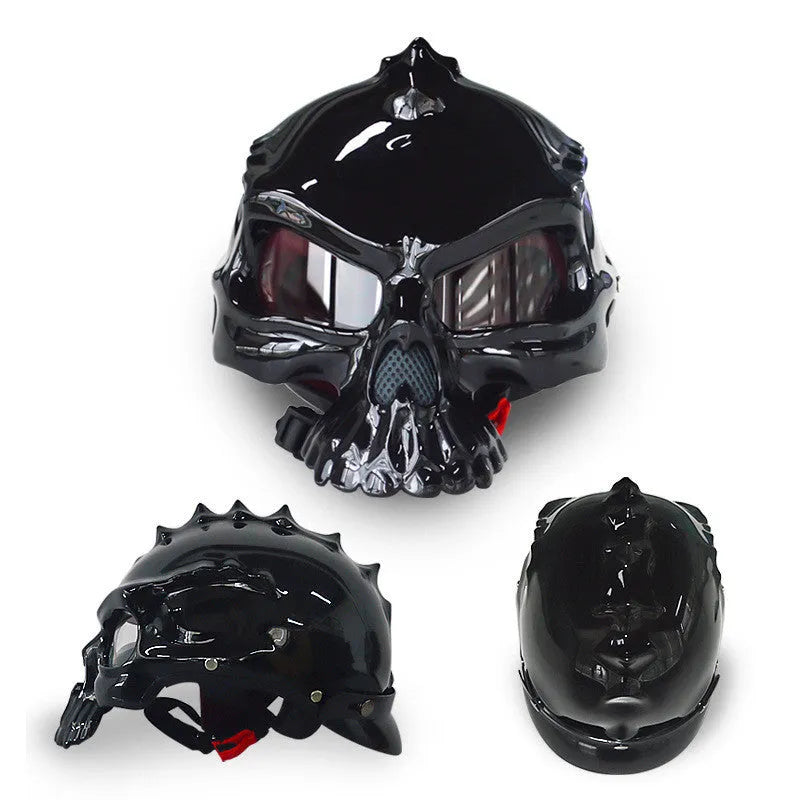 Double-sided changeable skull motorcycle helmet showing front and rear artwork designs