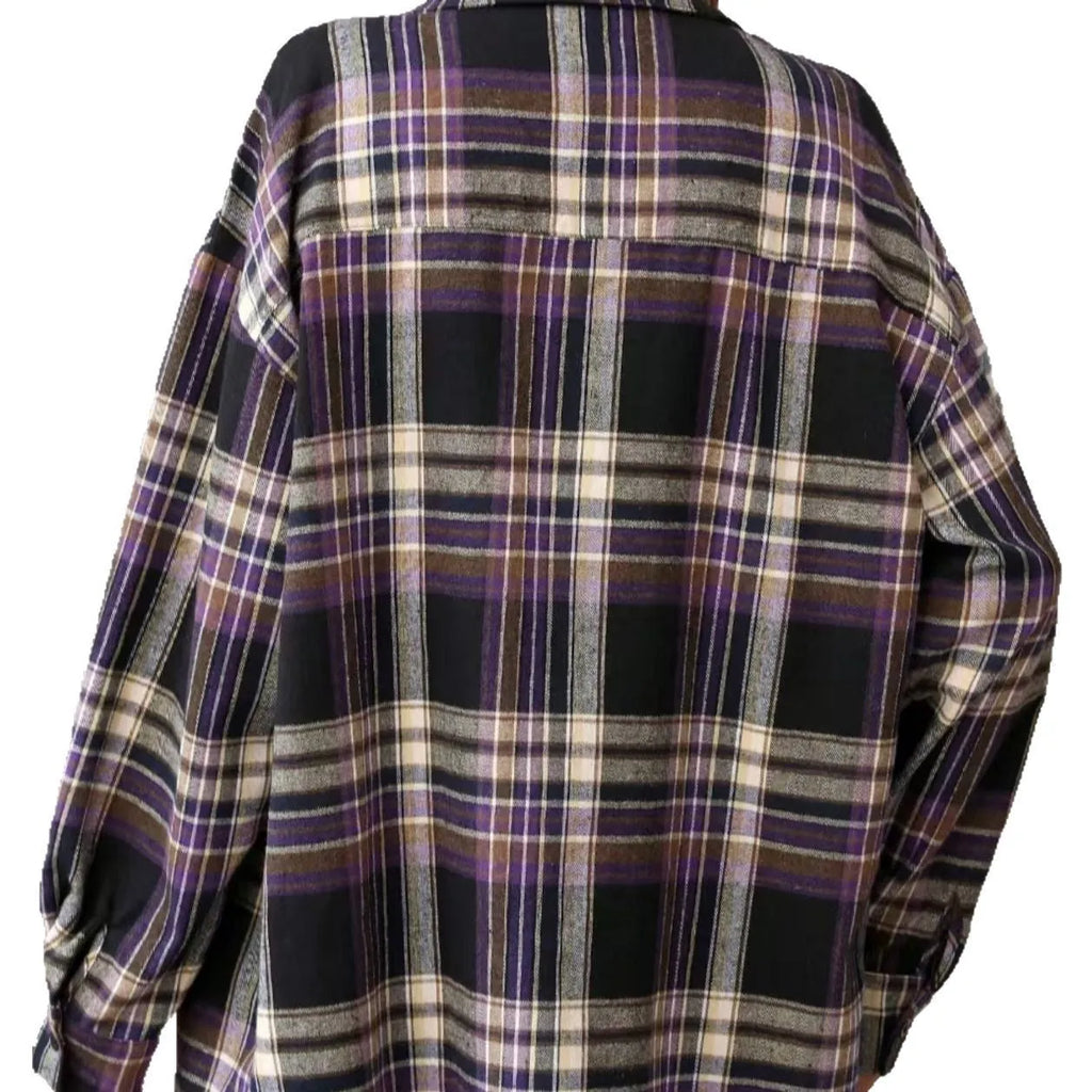 A woman's loose-fit plaid shirt in cotton, shown in black, green, and purple colour options.
