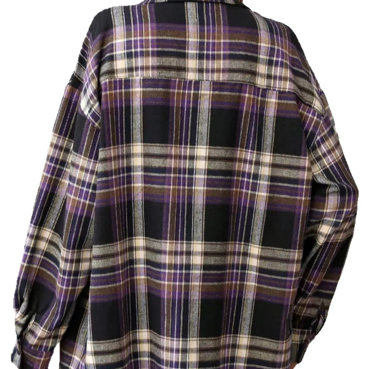 A woman's loose-fit plaid shirt in cotton, shown in black, green, and purple colour options.