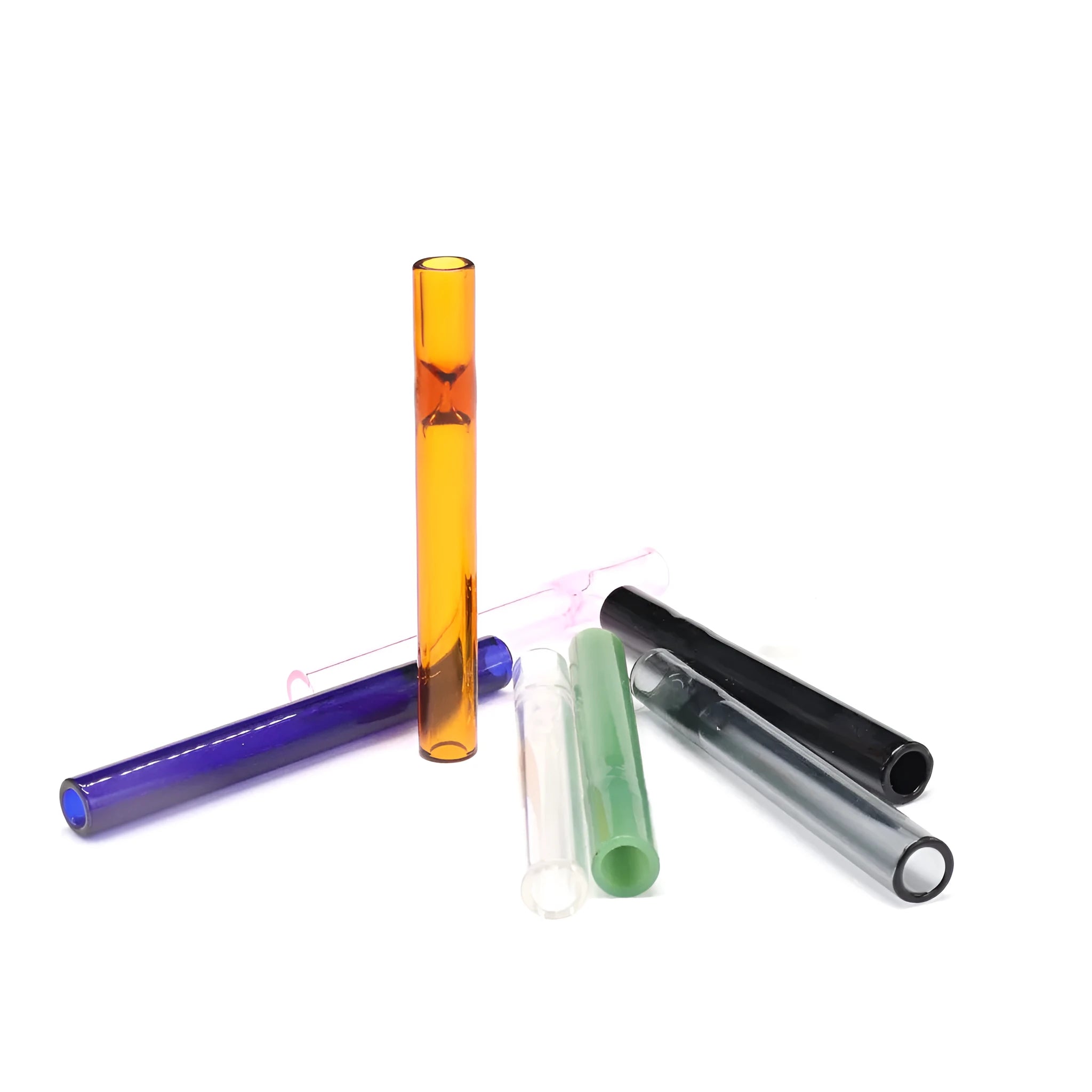 Clear pink telescopic glass smoke pipe with straight suction nozzle extended.