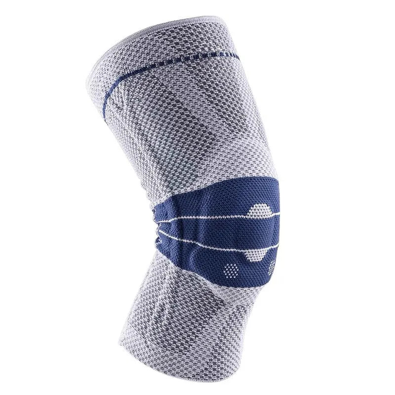 Adult sports knee pads in black and blue, made from nylon and spandex fabric.