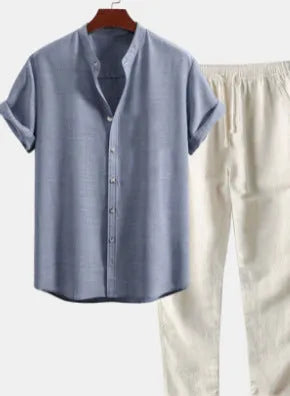 Men's casual short sleeve shirt and trousers set in polyester linen fabric with loose fit