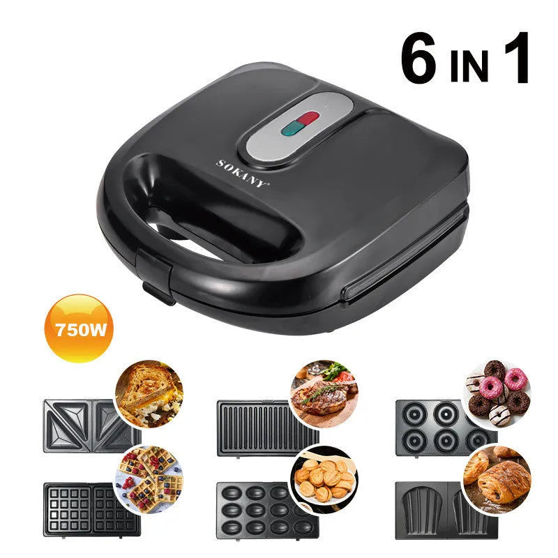Black double-sided heating electric sandwich pan with brushed stainless steel lid and non-stick plates