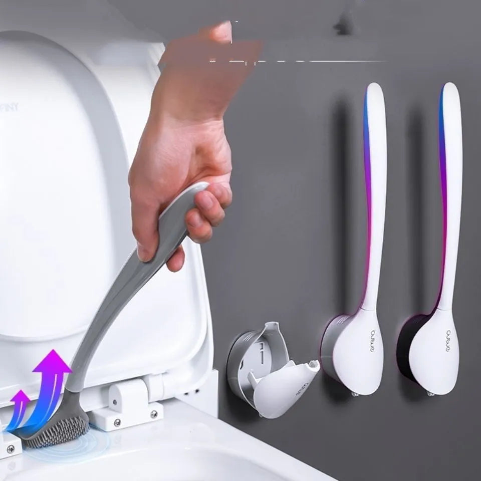 Silicone bathroom cleaning kit brush with soft rubber head and ergonomic handle in black