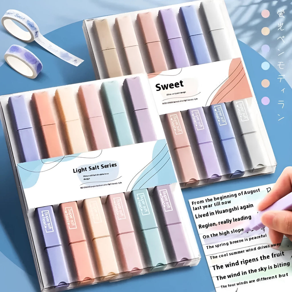 Set of double headed fluorescent highlighter pens showing two different coloured tips on each pen.