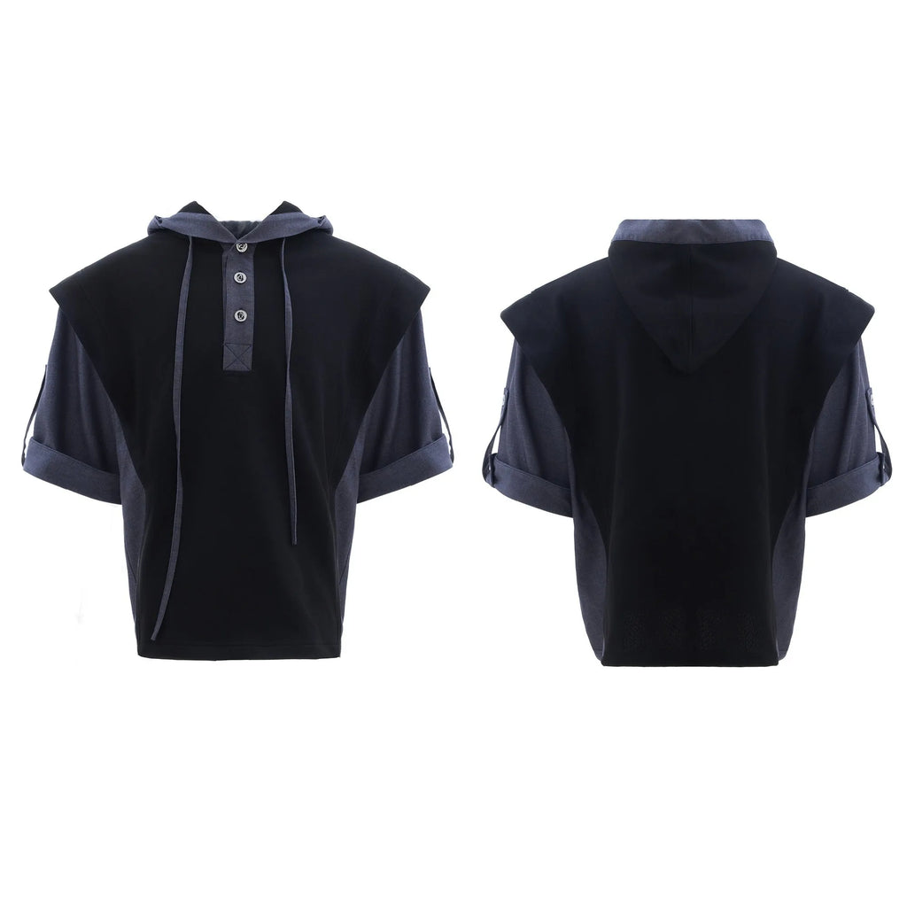 Men's black polyester hooded sports jacket with three-dimensional stitching and matching trousers