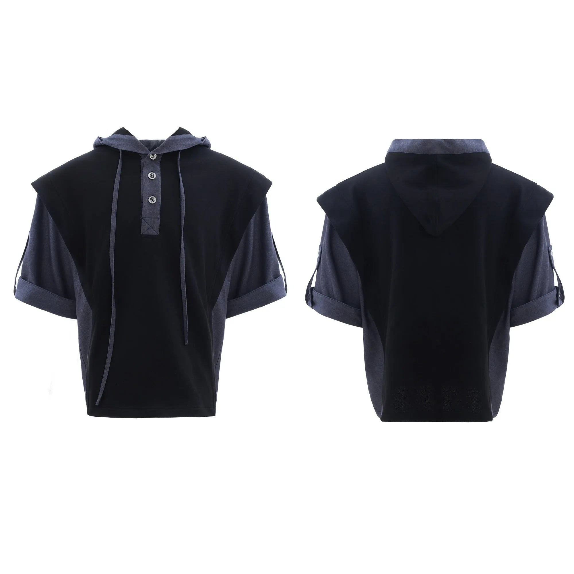Men's black polyester hooded sports jacket with three-dimensional stitching and matching trousers