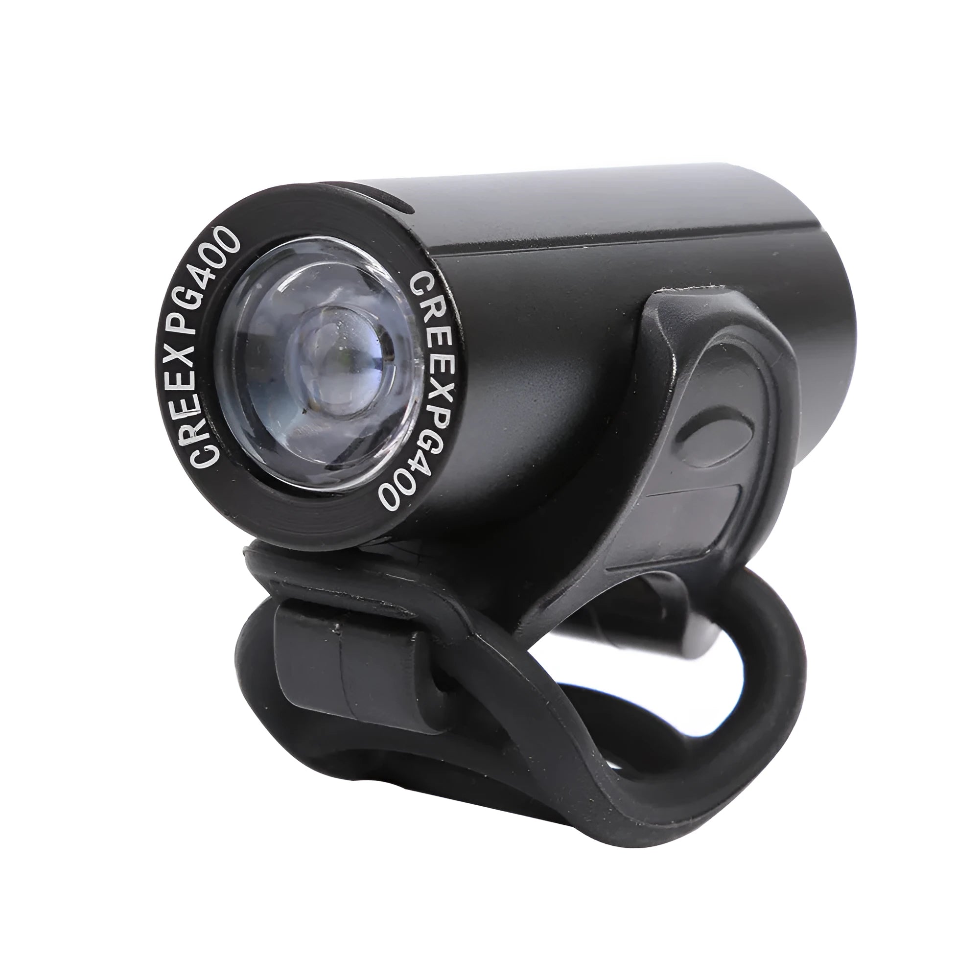 Black USB rechargeable bicycle front light with 350 lumen output and adjustable strap mount