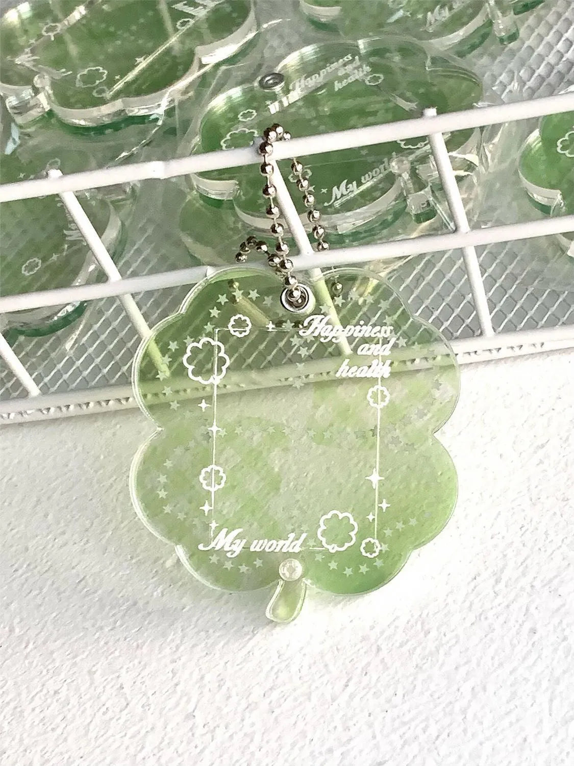 Acrylic four-leaf clover keychain pendant in blue, green, or mint green
