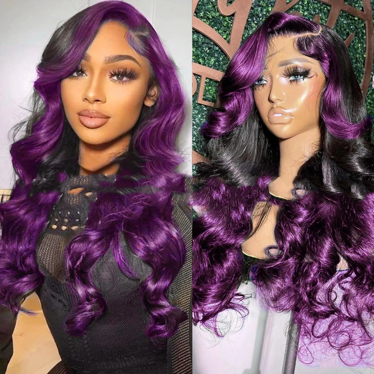 Gradient purple human hair wig with 13x6 lace front shown in Ruili style