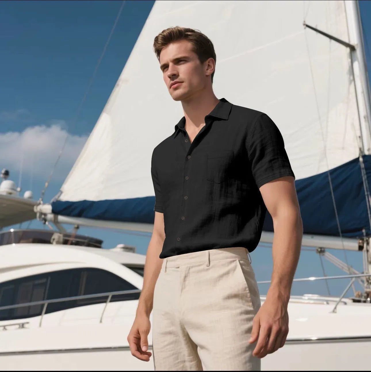 Men's loose fit linen short-sleeved cardigan shirt in a solid colour on a hanger.