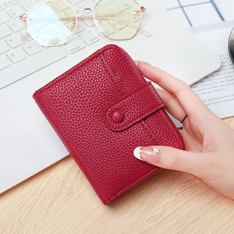 Ladies' short wallet with lychee pattern in beige, pink, black, or red colours