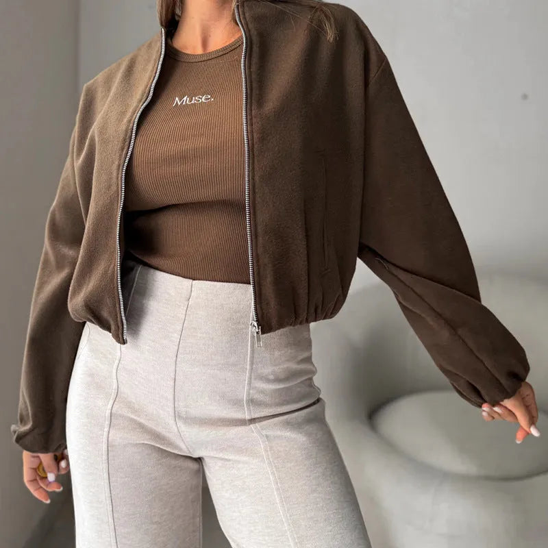 Women's off-shoulder lantern sleeve jacket in polyester fabric, brown colour