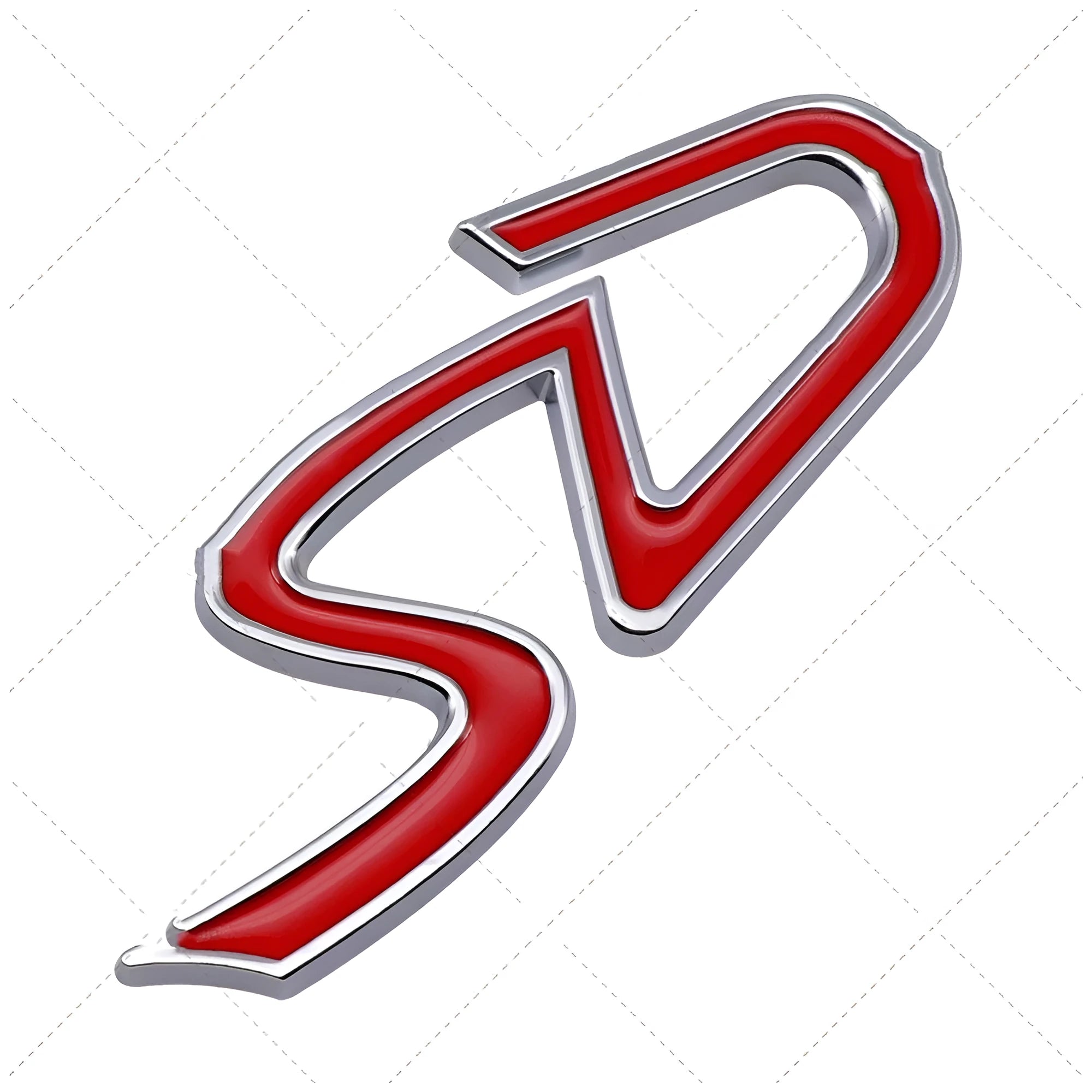 Red and silver metal SD design car sticker on a vehicle bumper.