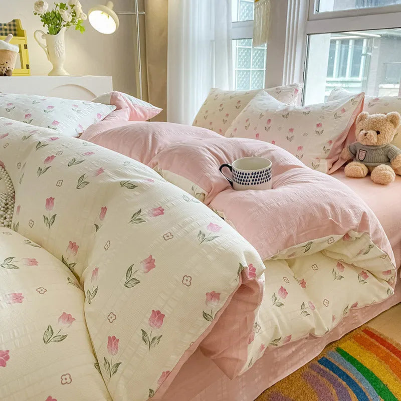 Chemical fibre bed sheet set with aerobic jacquard cloud yarn cotton in Butterfly Dance rose colour