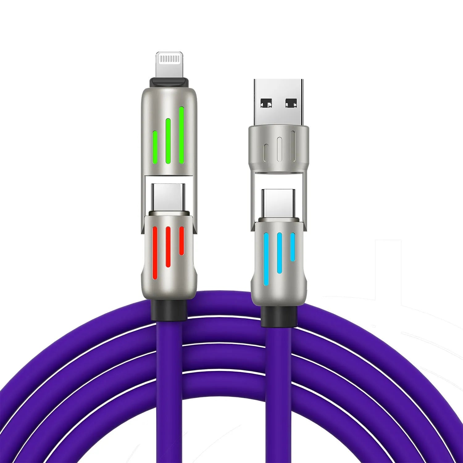 Purple four-in-one silicone data cable with breathing light indicator 1-2m