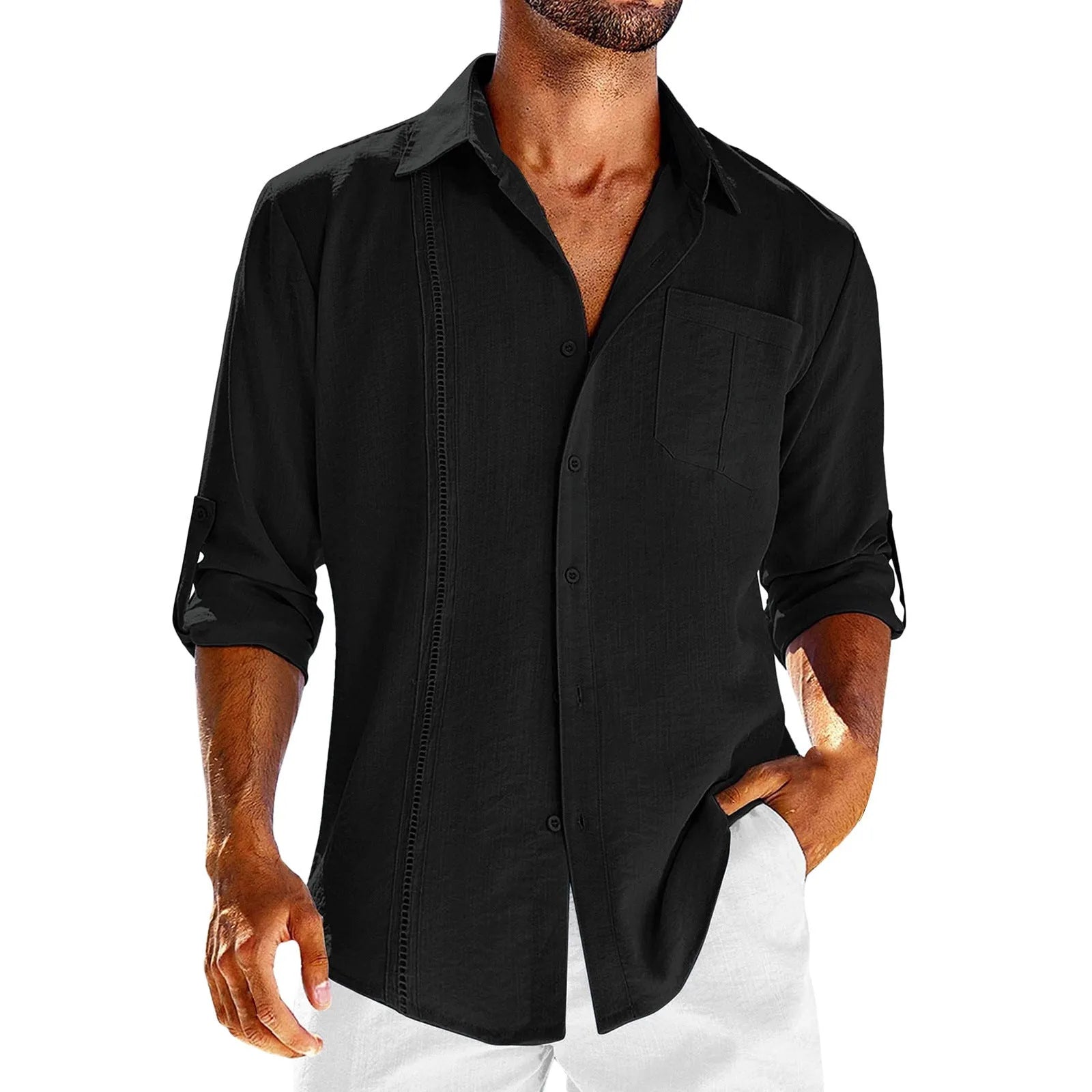 Men's grey casual long sleeve button-up shirt with polo collar and lace-trimmed chest pocket.