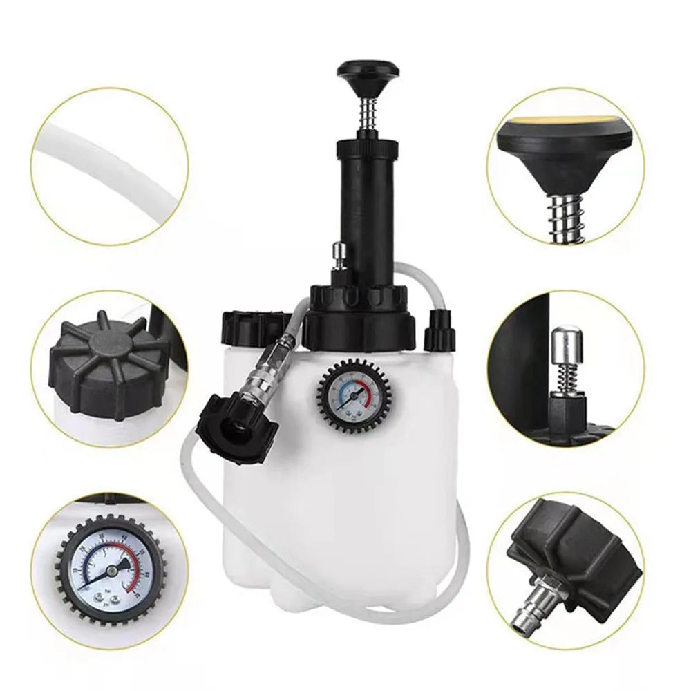 White 3-litre automotive brake fluid tank and replacement tool with copper and iron components.