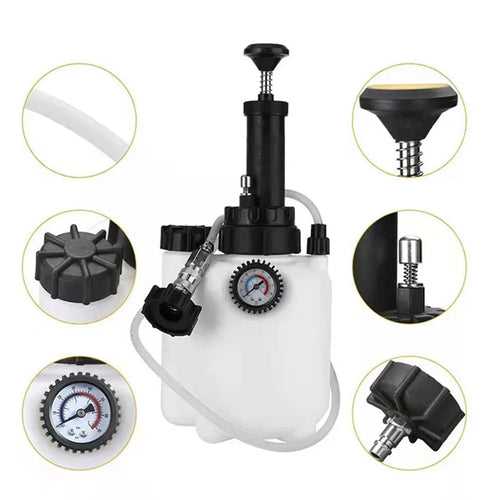 White 3-litre automotive brake fluid tank and replacement tool with copper and iron components.