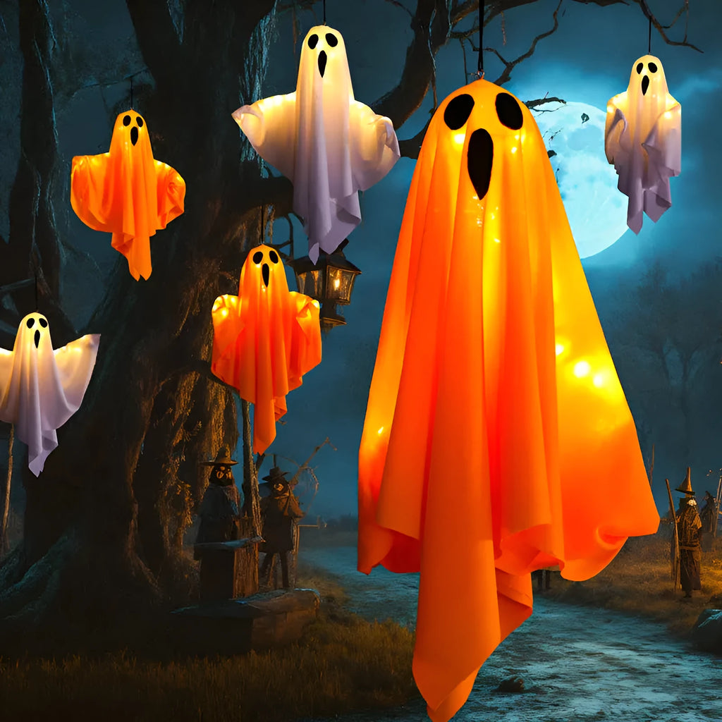 Luminous white ghost Halloween light with cloth construction and button electronics