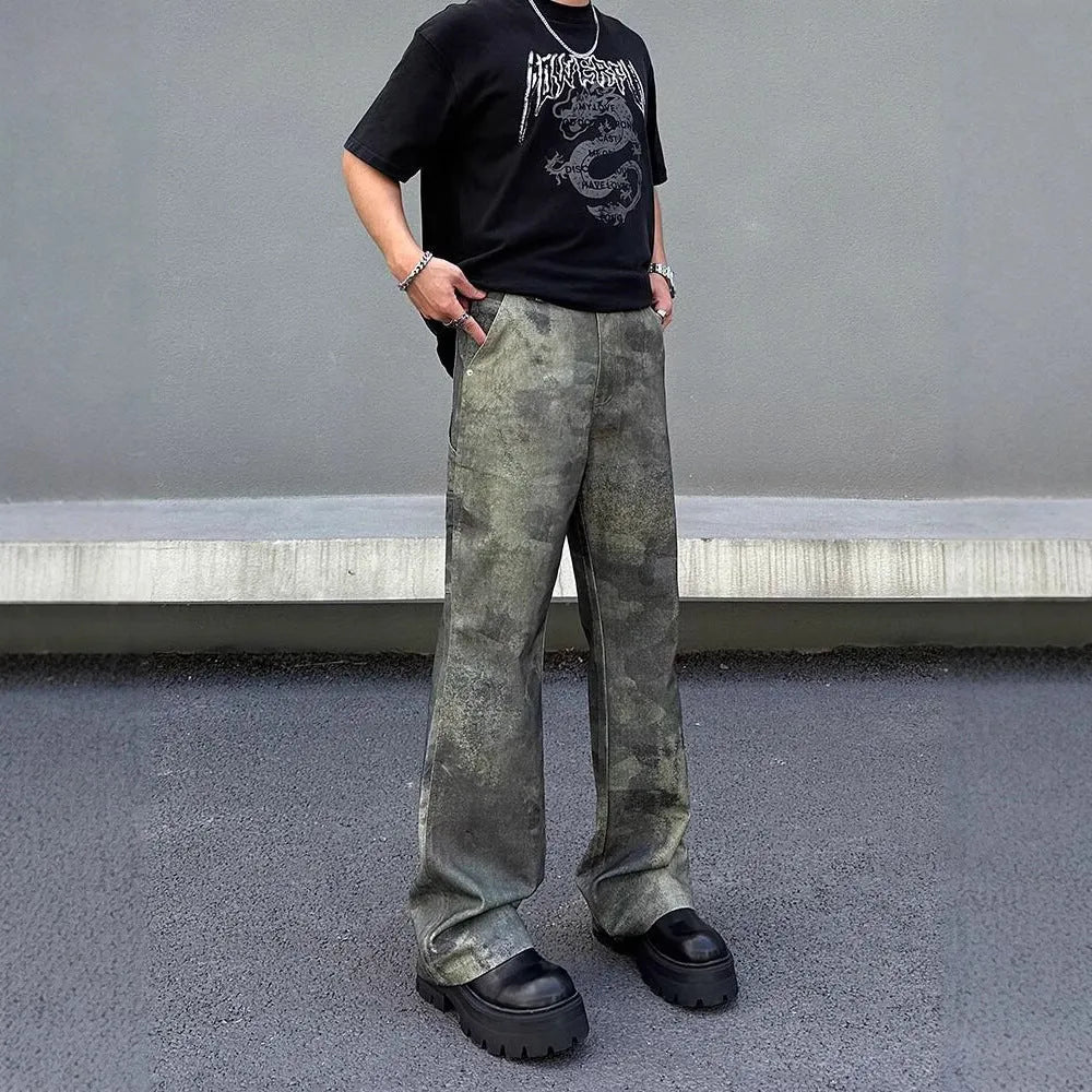 Men's straight-leg jeans with retro digital camouflage pattern and mid-waist design