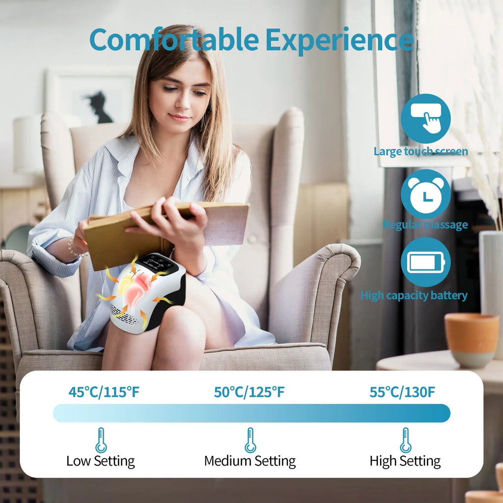 White rechargeable electric knee massager with infrared laser and heating for pain relief.